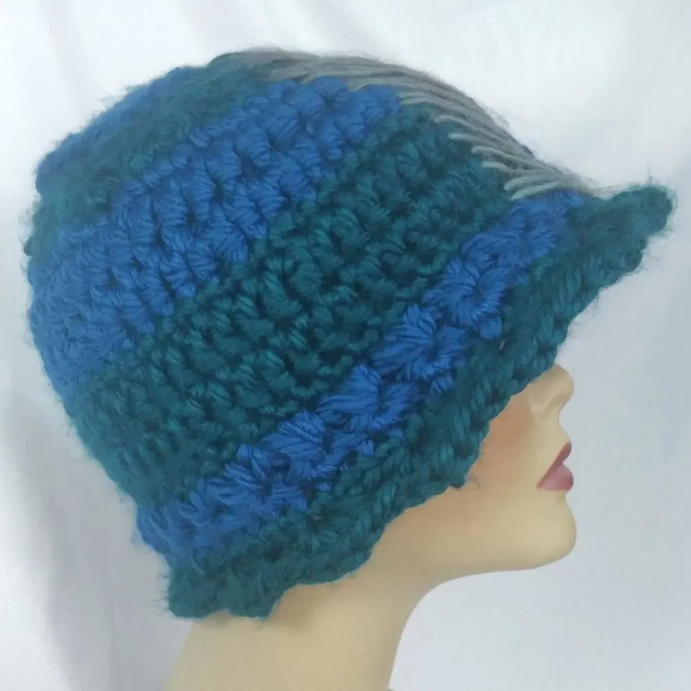 Handmade Crochet Peacock Feather Hat Blue Green Beanie Cottage Core Cozy New